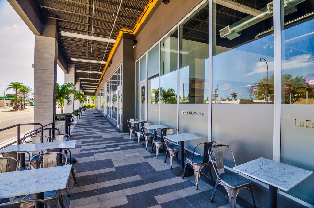 outdoor seating area of a modern restaurant or café