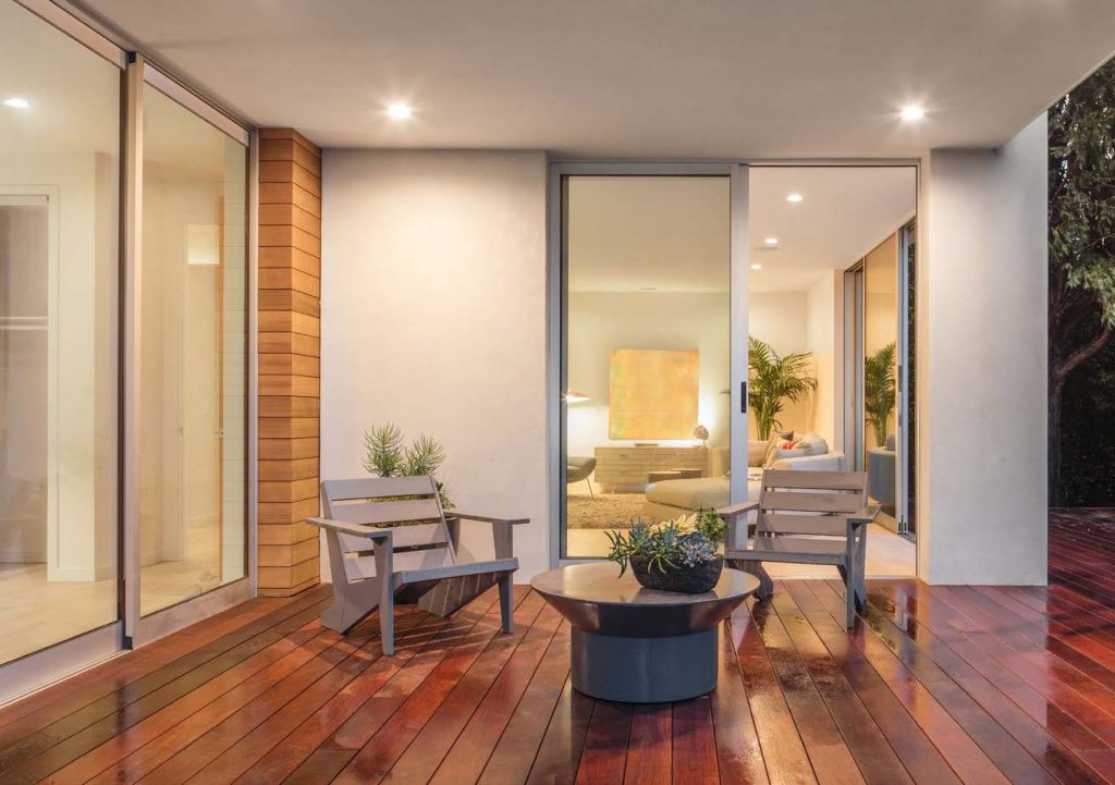 modern patio area with a sleek and cozy design