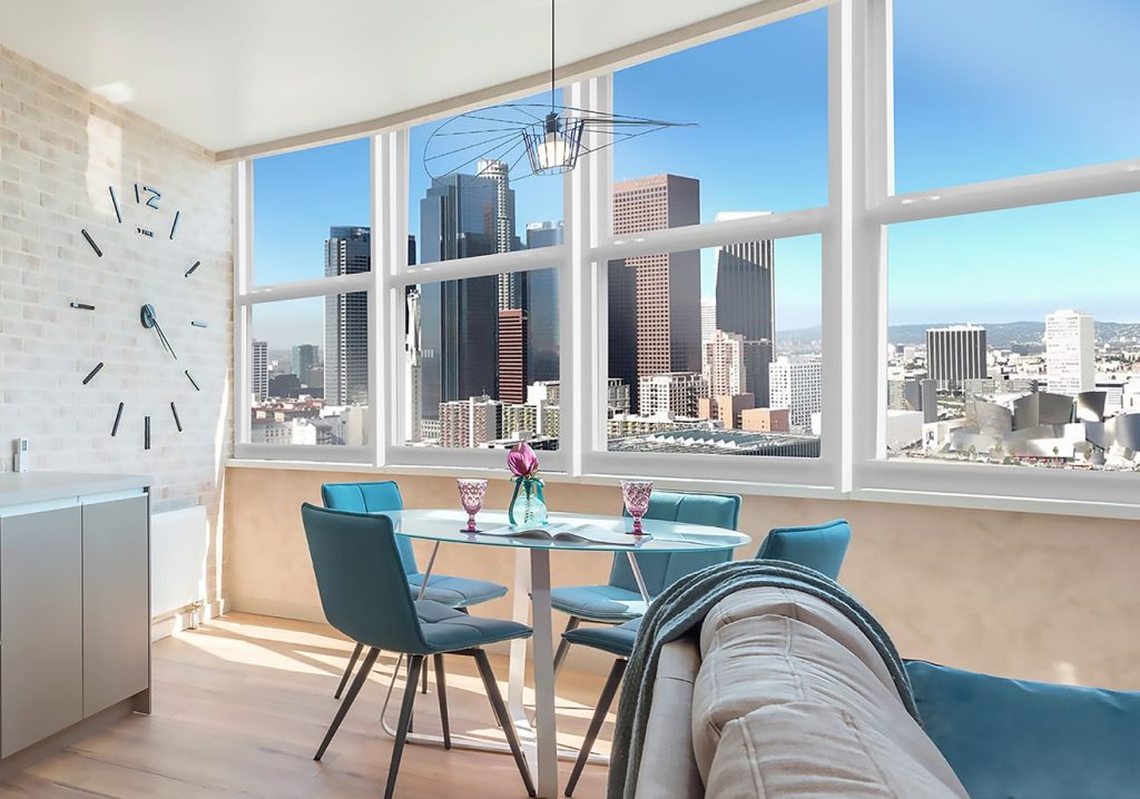 dining area with a breathtaking cityscape view through large floor-to-ceiling windows